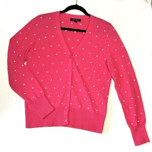 FOXCROFT Women’s Cardigan Sweater Pink White Dotted 100% Cotton Button Up
